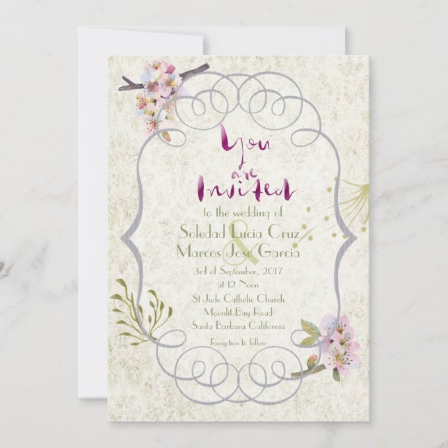 Bröllbjudan till Romantic Garden Magenta Finare Inbjudningar (Framsida)