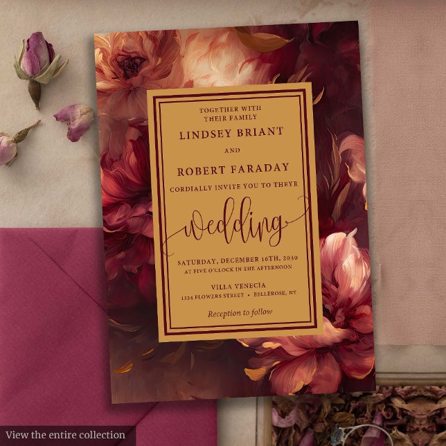 Bröllbjudan till Romantic Luxury Burgundy Guld Ro Inbjudningar (Romantic Luxury Burgundy Gold Roses Wedding Invitation)