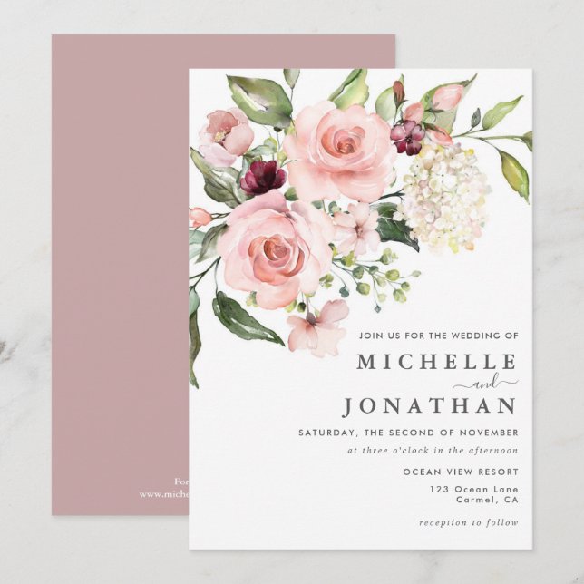 Bröllbjudan till Romantic Rosa ros Dusty Ro Inbjudningar (Fram/baksida)
