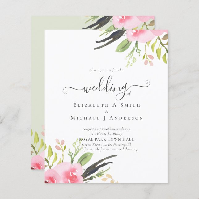 Bröllbjudan till  Rosa av budget för olivkvalitet (Fram/baksida)