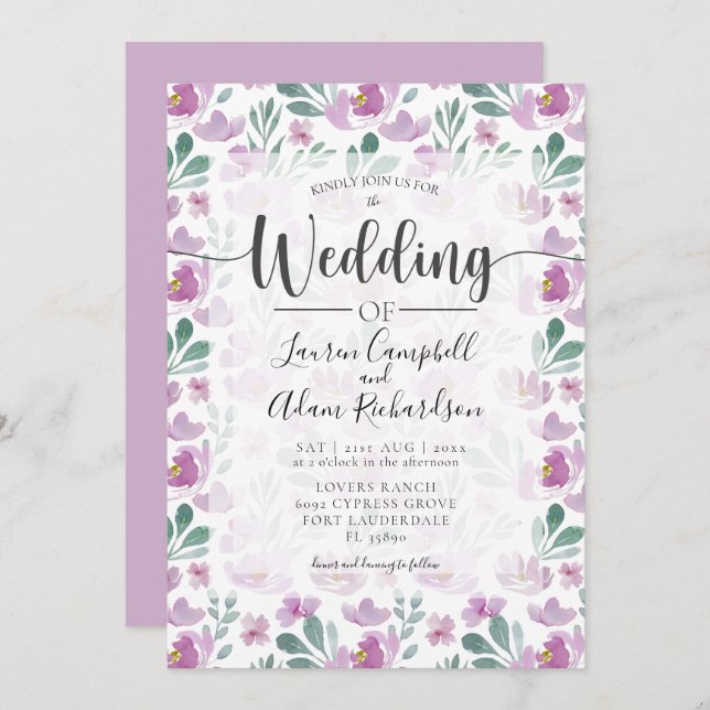 Bröllbjudan till Rosa av vattenfärgen blommigt Lil Inbjudningar (Fram/baksida)
