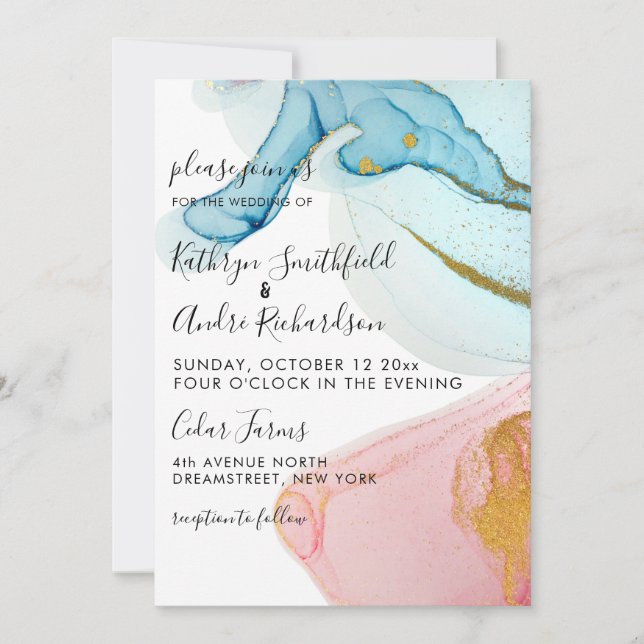Bröllbjudan till rosa Blue Guld Watercolor Wedding Inbjudningar (Framsida)