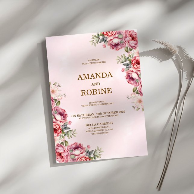 Bröllbjudan till rosa botaniska Blommigtar Inbjudningar (Skapare uppladdad)