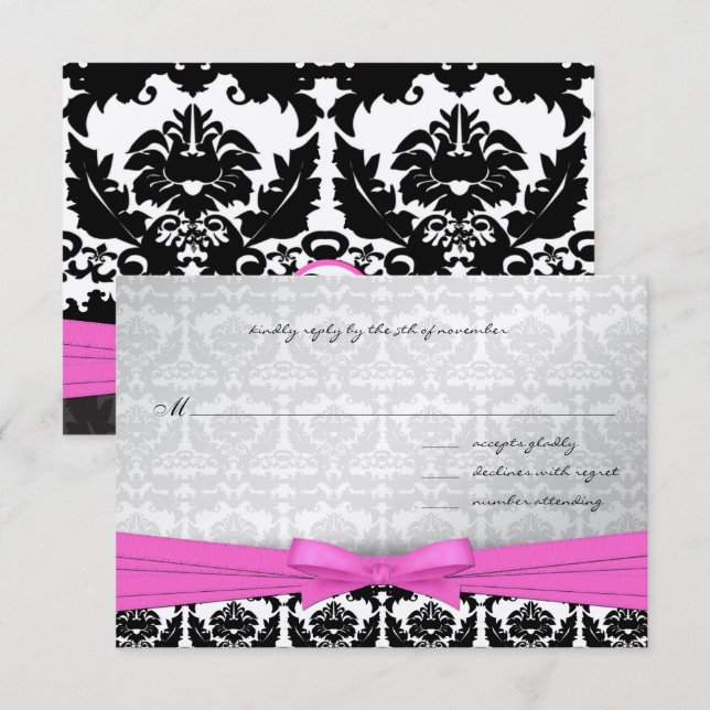 Bröllbjudan till rosa Silver & Black Damask Swirls Inbjudningar (Fram/baksida)