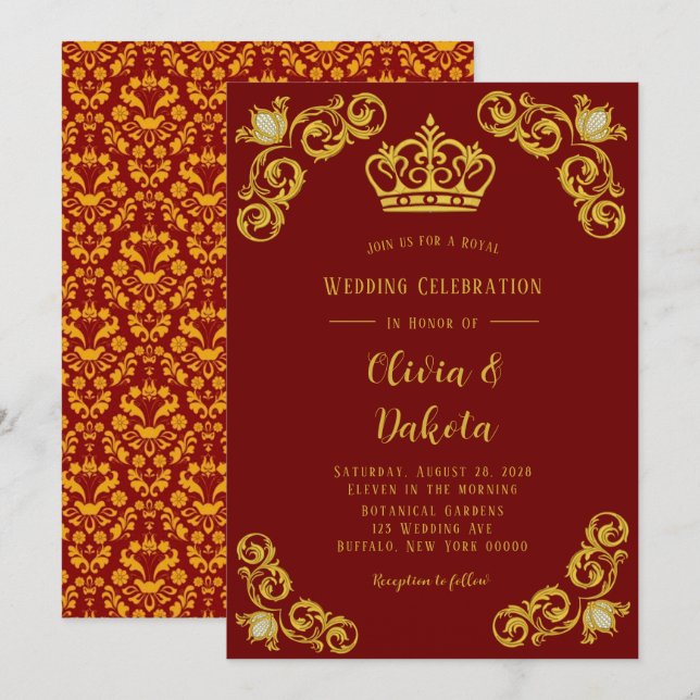 Bröllbjudan till Royalet Red and Guld Damask Inbjudningar (Fram/baksida)