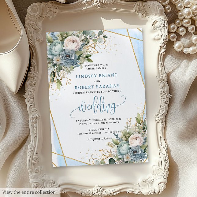 Bröllbjudan till Rustic Dusty Blue Sage Guld Blomm Inbjudningar (Rustic Dusty Blue Sage Gold Floral Wedding Invite)