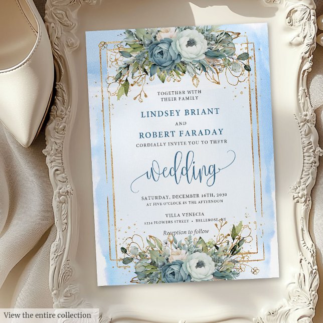 Bröllbjudan till Rustic Dusty Blue White Guld Blom Inbjudningar (Rustic Dusty Blue White Gold Floral Wedding Invite)