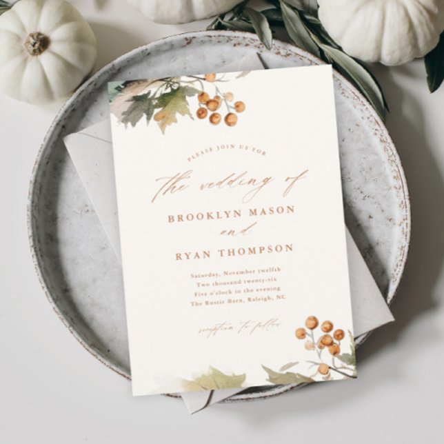 Bröllbjudan till Rustic Fall Greenery Lövs budget (Rustic fall wedding invitations.)