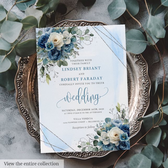 Bröllbjudan till Rustic Mörk blått Vit ros Silver Inbjudningar (Rustic Dark Blue White Roses Silver Wedding Invite)