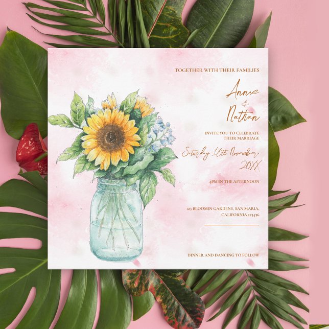 Bröllbjudan till Rustic Solros Mason Burk Inbjudningar (Rustic Sunflower Mason Jar Wedding Invitation)