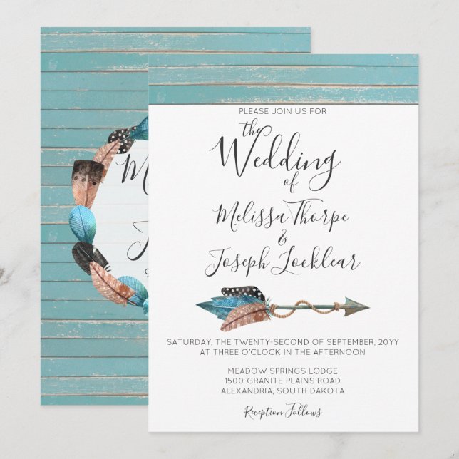 Bröllbjudan till Rustic Turcos Wood Feathers Inbjudningar (Fram/baksida)