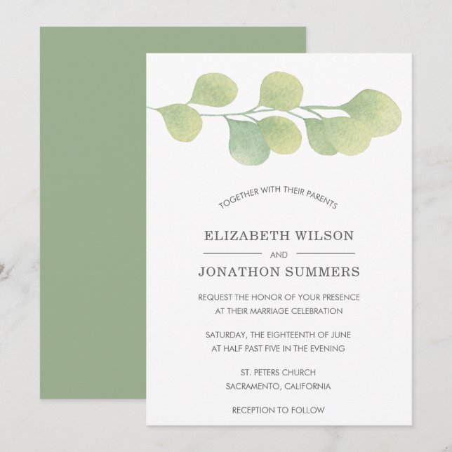 Bröllbjudan till Rustic Watercolor Greenery Weddin Inbjudningar (Fram/baksida)
