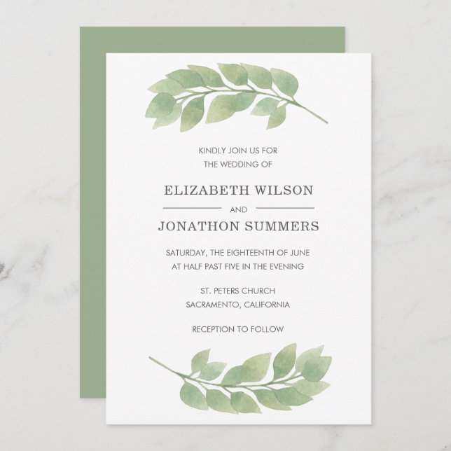 Bröllbjudan till Rustic Watercolor Greenery Weddin Inbjudningar (Fram/baksida)