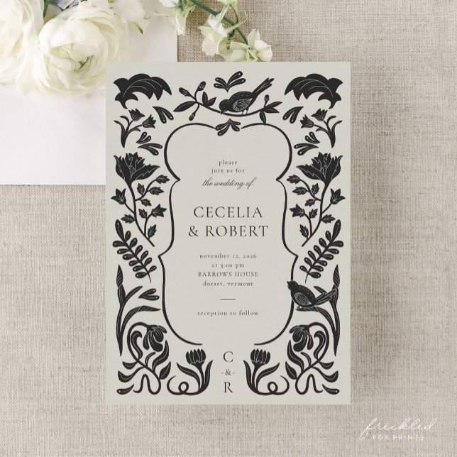 Bröllbjudan till svartkonst konsthandling inbjudningar (Floral Art Deco Black and Ivory Wedding Invitation)