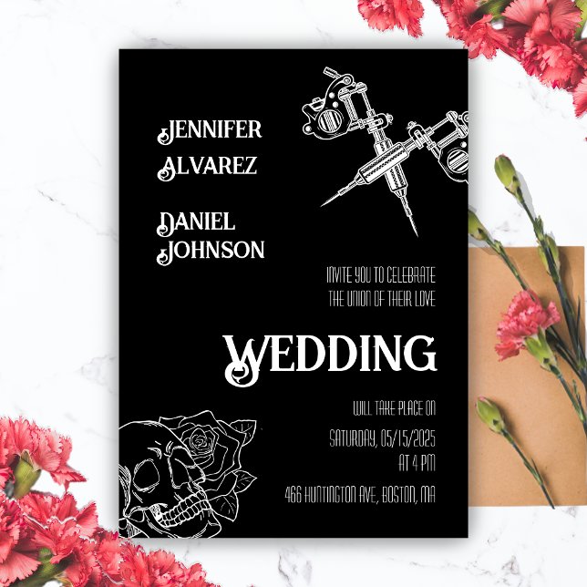 Bröllbjudan till svartvit skullvadrering inbjudningar (Black and White Skull Tattoo Wedding Invitation)