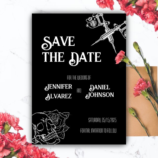 Bröllbjudan till svartvit skullvadrering magnetisk inbjudningskort (Zazzle Black and White Skull Tattoo Wedding Invitation)
