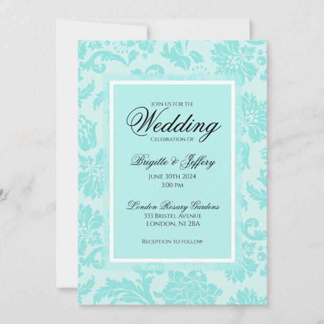 Bröllbjudan till Teal Damask Inbjudningar (Framsida)