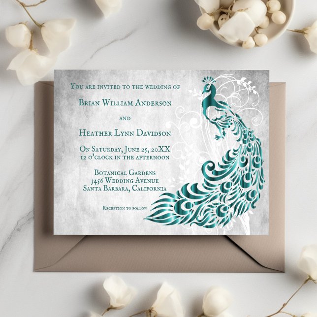Bröllbjudan till Teal Peacock Löv Vine Wedding Inbjudningar (Teal Peacock Leaf Vine Wedding Invitation)