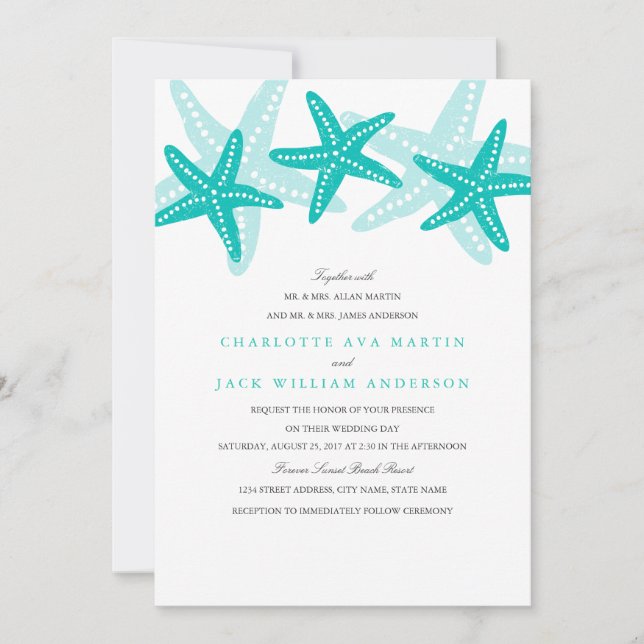 Bröllbjudan till Teal Starfish Beach Wedding Inbjudningar (Framsida)