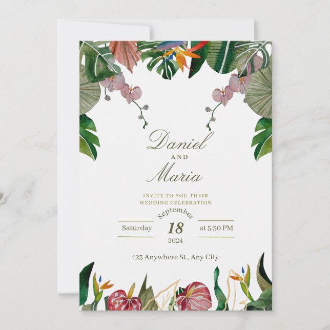 Bröllbjudan till Tropical Grey Watercolor Wedding Inbjudningar (Framsida)