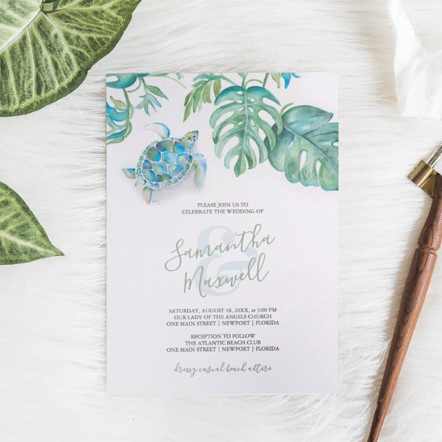 Bröllbjudan till Tropical Sea Turtle Watercolor We (Tropical wedding invitations watercolor sea turtle and palm leaf art by Victoria Grigaliunas )