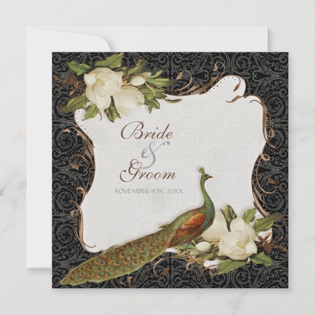 Bröllbjudan till vintage Peacock & Magnolia Swirls Inbjudningar (Framsida)