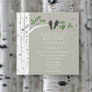 Bröllbjudan till Vintagen silver Cloud Birch Birds Inbjudningar