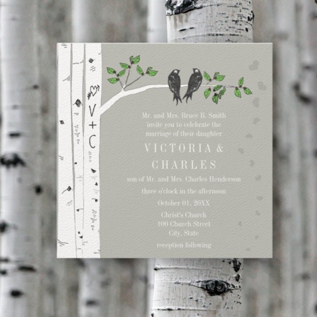 Bröllbjudan till Vintagen silver Cloud Birch Birds Inbjudningar (Skapare uppladdad)