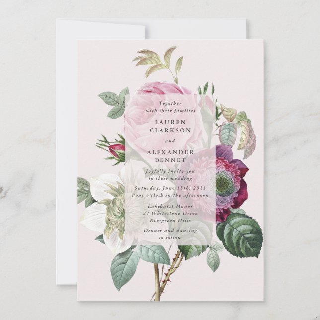 Bröllbjudan till vintagens botaniska rosa blommigt inbjudningar (Framsida)
