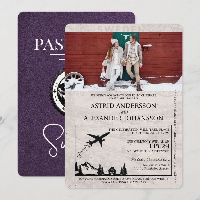 Bröllbjudan till Violet Lila Sverige Passport Wedd Inbjudningar (Fram/baksida)