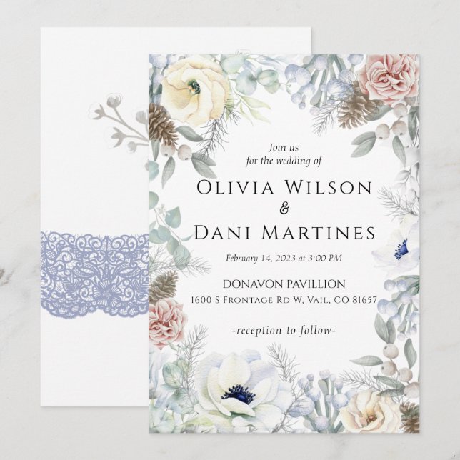 Bröllbjudan till vit  blått Blommigt Inbjudningar (Fram/baksida)