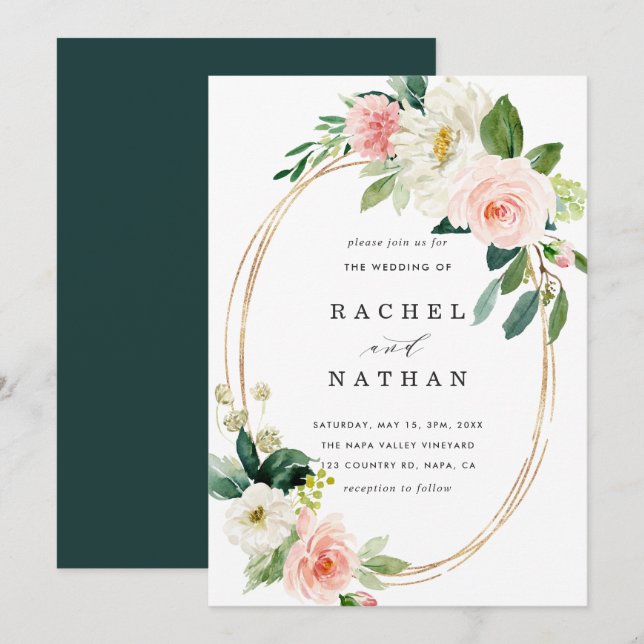 Bröllbjudan till  Vita Bloom Guld Ram Inbjudningar (Fram/baksida)