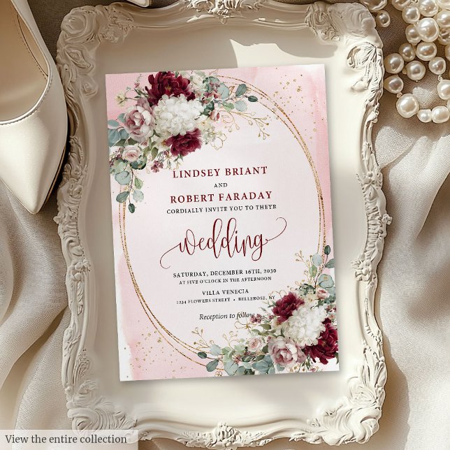 Bröllbjudan till Watercolor Boho Burgundy Blommigt Inbjudningar (Watercolor Boho Burgundy Floral Wedding Invitation)