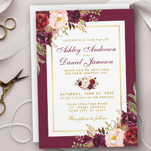 Bröllbjudan till Watercolor Burgundy Blommigt Guld Inbjudningar