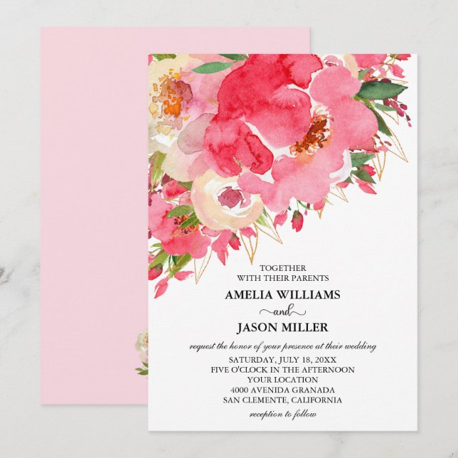 Bröllbjudan till Watercolor Rosa Cream Blommigt-br (Fram/baksida)