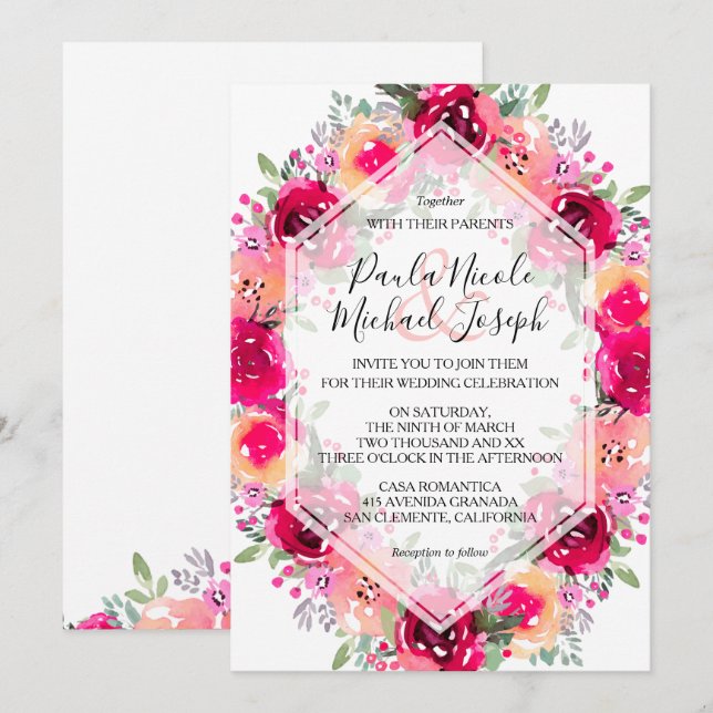 Bröllbjudan till Watercolor Rosa Cream Blommigt-br (Fram/baksida)