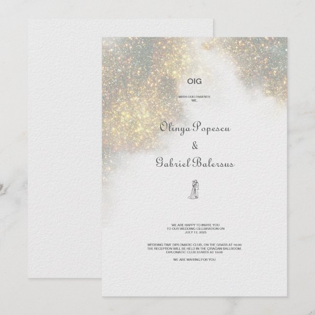 Bröllbjudan till Watercolor Shapes Grönt Glitter Inbjudningar (Fram/baksida)