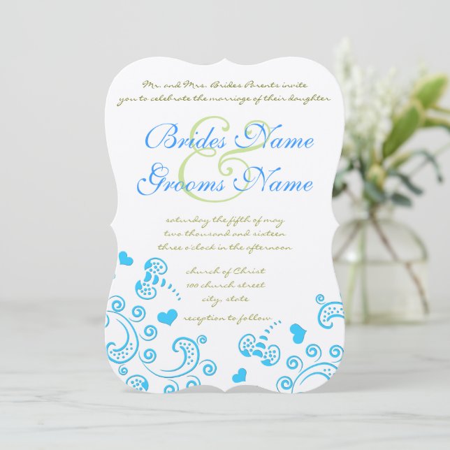 Bröllbjudan till Whimsical Aqua Humla Swirl-bröllo Inbjudningar (Stående Fram)