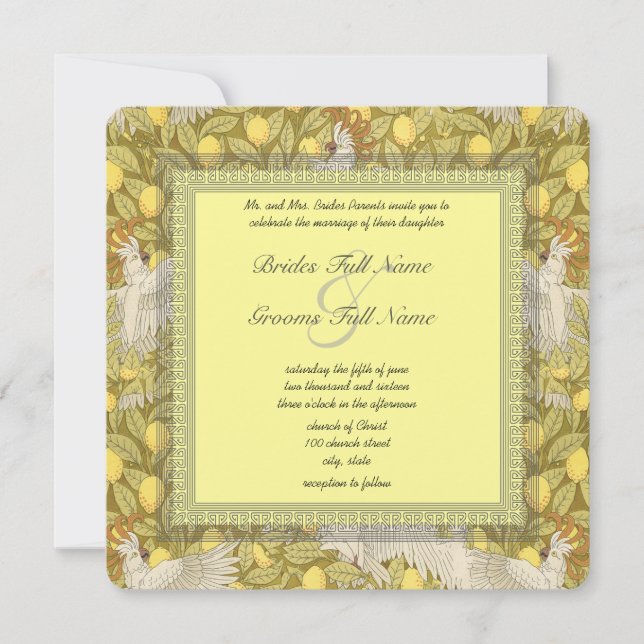 Bröllbjudan till Whimsical Cockatoo Art nouveau Inbjudningar (Framsida)