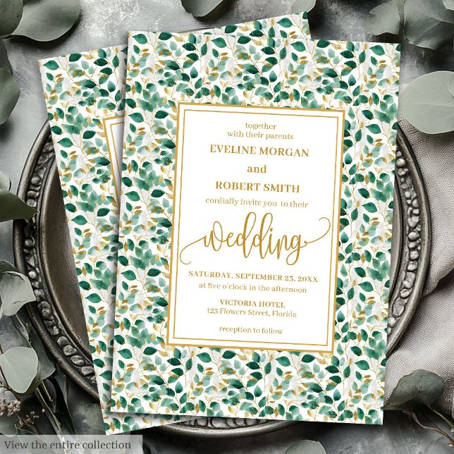 Bröllbjudan till Whimsical Forest Grönt Guld Lövs  Inbjudningar (Whimsical Forest Green Gold Leaves Wedding Invitation)