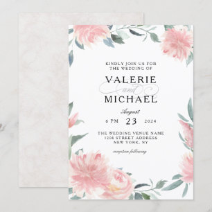 Bröllbjudan till Wispy Rosa Watercolor Blommigt -b Inbjudningar