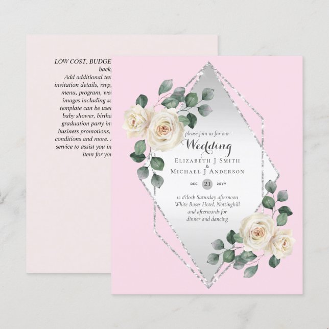 Bröllbjudan Vit ros Diamond Ram med låg budget (Fram/baksida)