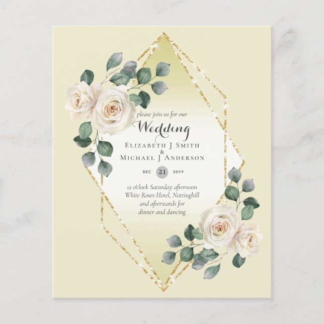 Bröllbjudan Vit ros Diamond Ram med låg budget Flygblad (Framsidan)