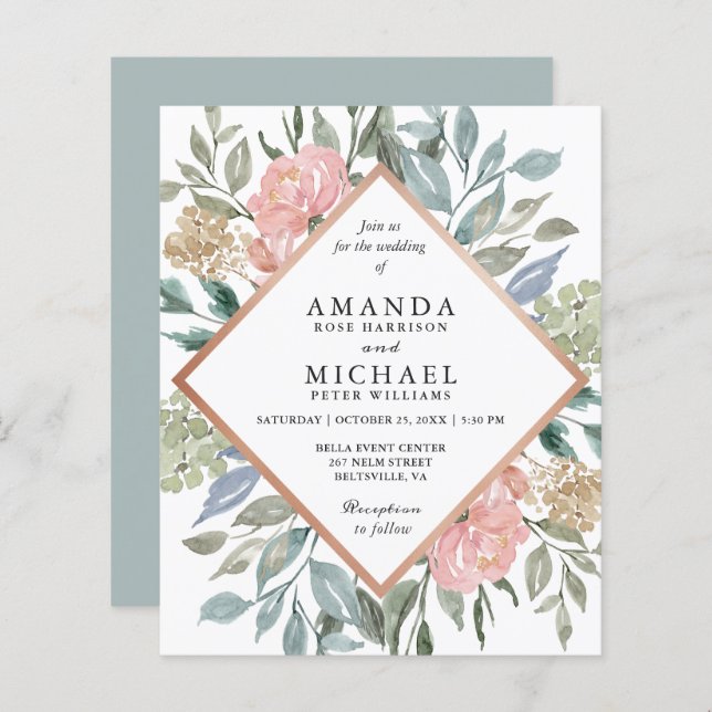 Bröllbjudande till Blommigt av budgetdammsuga blå  (Fram/baksida)