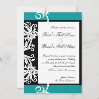 Bröllbjudanden till Black White Teal Heart Damask- Inbjudningar