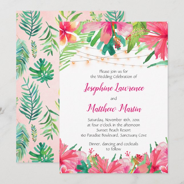 Bröllbjudanden till Blommigten Tropical String Lju Inbjudningar (Fram/baksida)