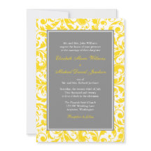 Bröllbjudanden till gult och Grått Damask Swirls