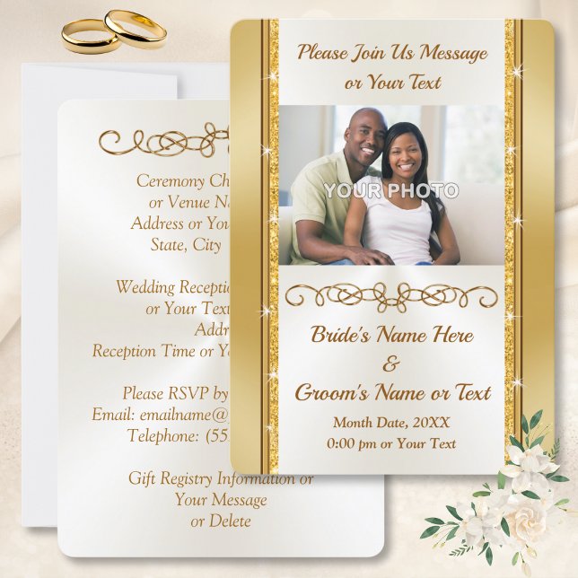 Bröllbjudanden till Photo Personlig Guld Gräns Inbjudningar (Photo Wedding Invites. Gold and Ivory Wedding Invitations. champagne ivory and gold wedding. )