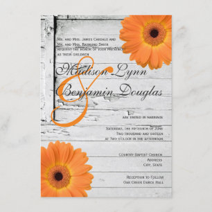 Bröllbjudanden till Rustic Wood Orange Daisy-bröll Inbjudningar