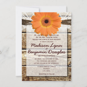 Bröllbjudanden till Rustic Wood Orange Daisy-bröll Inbjudningar
